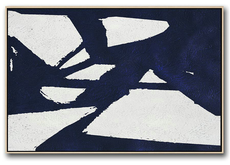 Pop Art Canvas,Horizontal Navy Painting Abstract Minimalist Art On Canvas,Large Colorful Wall Art